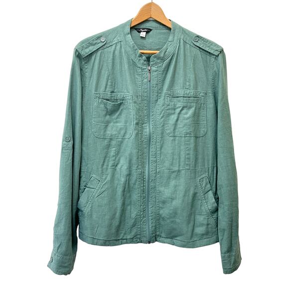 Supplies Linen Blend Utility Jacket Sz L Large Women’s Pockets Green Tab Collar - Picture 1 of 11